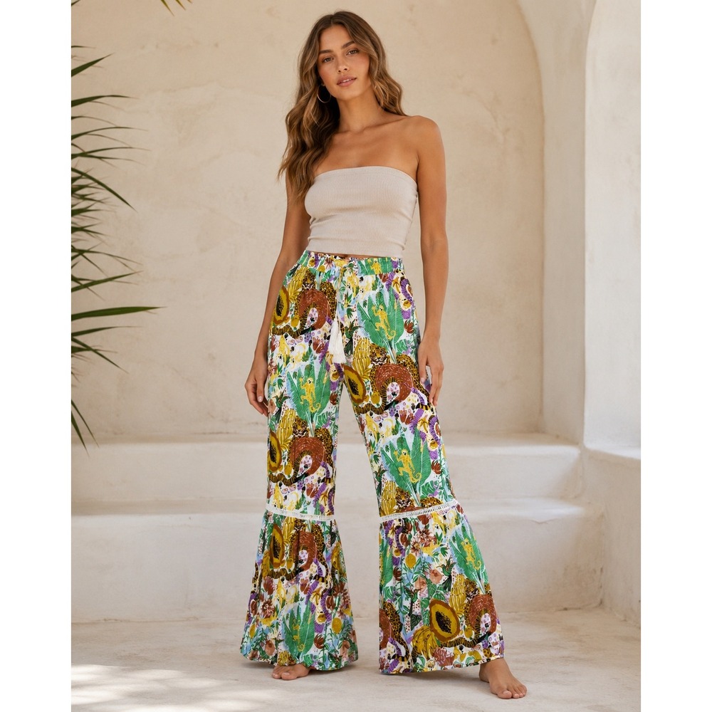 k271. Resortwear Jungle Leopard Monkey Print Bell Bottom  Boho Flare Pants Large